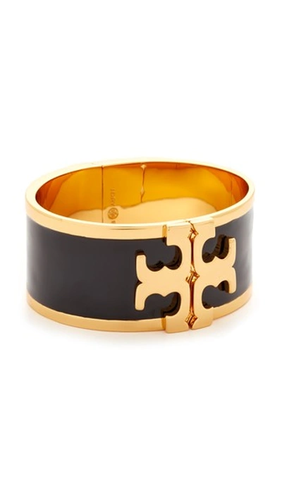 Tory Burch Enamel Raised Logo Wide Cuff Bracelet In Black