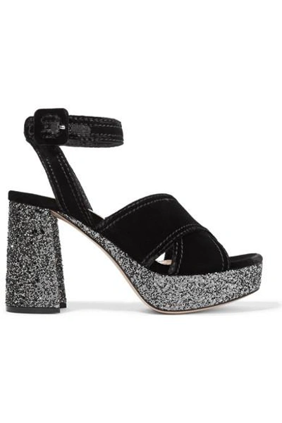 Shop Miu Miu Glittered Velvet Platform Sandals