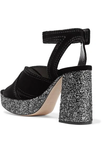 Shop Miu Miu Glittered Velvet Platform Sandals