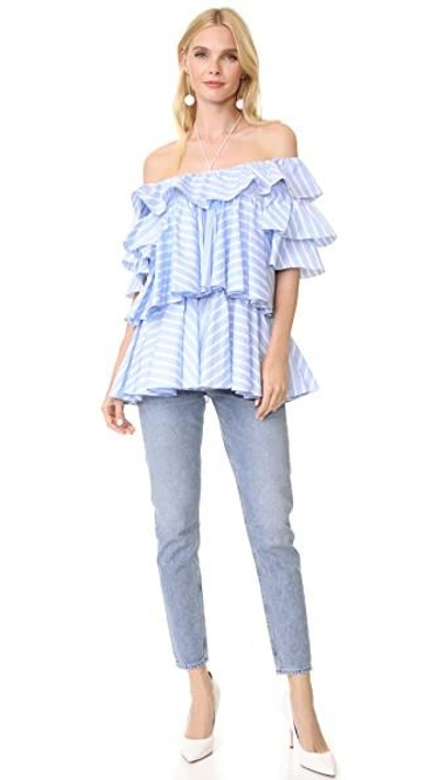 Shop Tome Ruffled Blouse In Blue/white Stripe