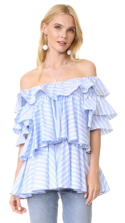 Shop Tome Ruffled Blouse In Blue/white Stripe