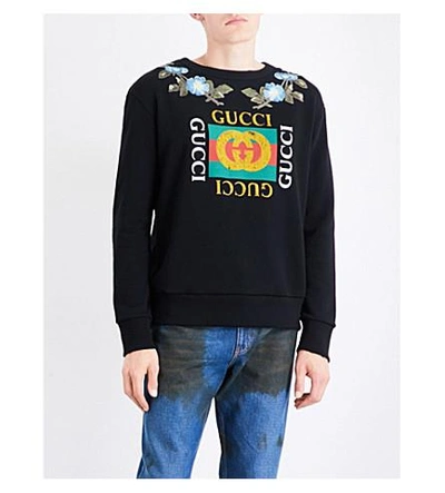 Shop Gucci Logo-embroidered Cotton-jersey Sweatshirt In Black