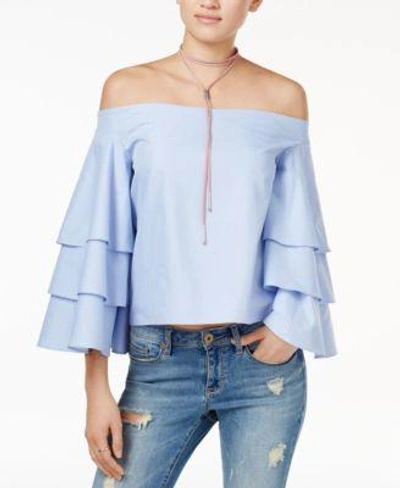 Shop Endless Rose Tiered Off-the-shoulder Top In Dusty Blue