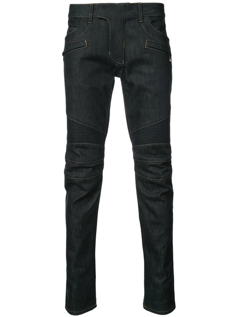 balmain raw denim biker jeans