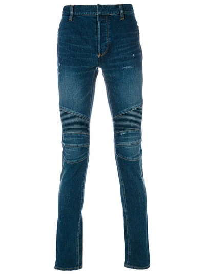 Balmain Blue Silm Biker Zip Jeans