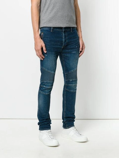 Balmain Blue Silm Biker Zip Jeans In Blue