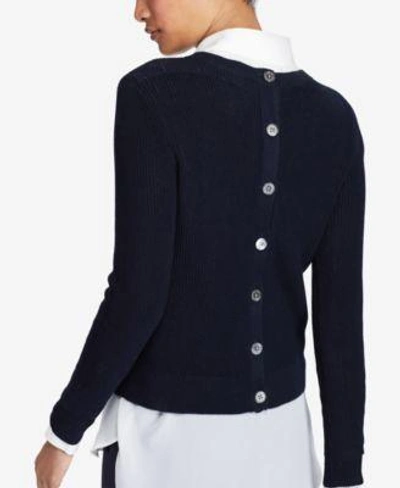 Shop Polo Ralph Lauren Button-back Crew-neck Cotton Sweater In Admiral Navy