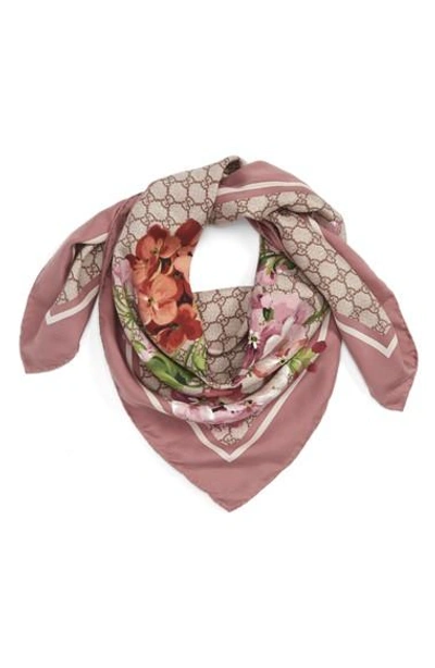 Shop Gucci Gg Blooms Foulard Scarf In Mauve/ Light Brown