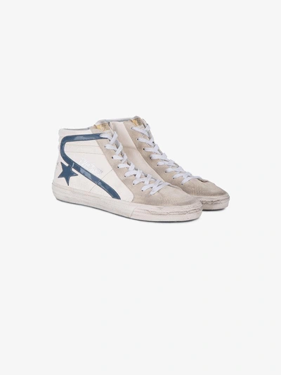 Shop Golden Goose Deluxe Brand White Blue Slide Hi Top Sneakers In Nude/neutrals
