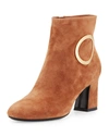 ROGER VIVIER SUEDE ROUND-BUCKLE CHUNKY-HEEL BOOT, COGNAC