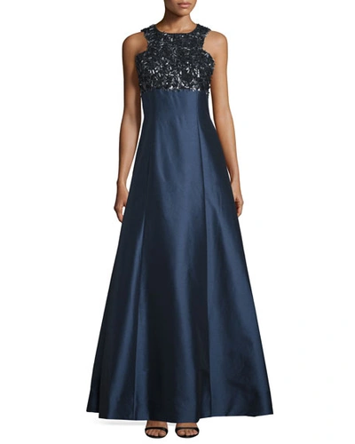 Monique Lhuillier Sleeveless Embellished-bodice Ball Gown, Navy