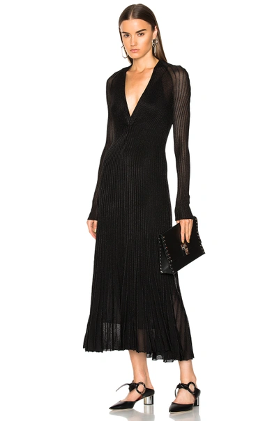 Proenza Schouler Metallic Rib Long Sleeve V-neck Knit Dress In Black,metallics