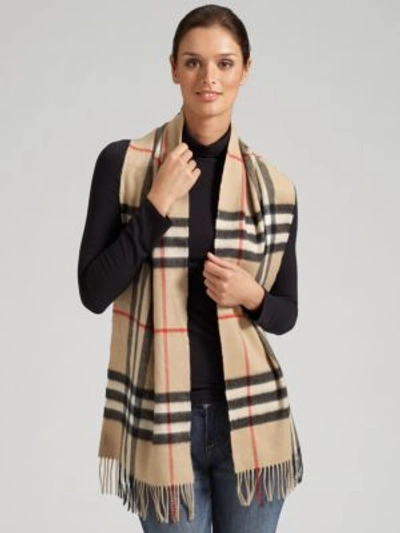 Shop Burberry Ivory Giant Check Cashmere Scarf In Camel