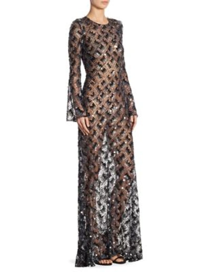 Jenny Packham Sheer Beaded Gown In Myrtle