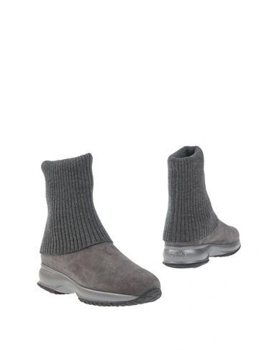 Shop Hogan Woman Ankle Boots Lead Size 4 Soft Leather, Textile Fibers In Grey