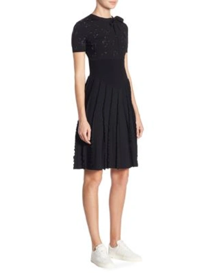 Valentino Embroidered Short-sleeve Knit Dress In Black