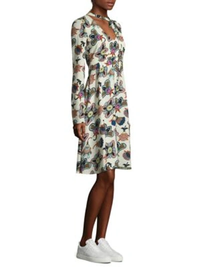 Shop Valentino Floral Tie Neck Dress In Ivory Multi