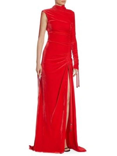 Shop Monse One Sleeve Velvet Gown In Red