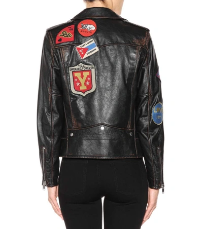Shop Saint Laurent Leather Biker Jacket With Appliqués In Black