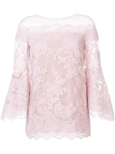 Marchesa Bell-sleeve Corded Lace Illusion Top In Blush | ModeSens
