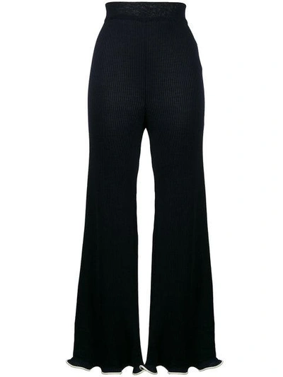 Shop Stella Mccartney Ribbed Frilled Kick Flare Trousers - Blue