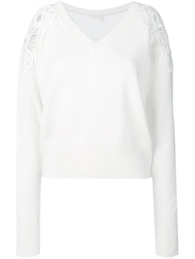 Chloé White Lace Shoulder V-neck Sweater