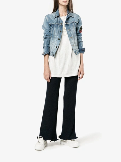 Shop Stella Mccartney Ribbed Frilled Kick Flare Trousers In Blue