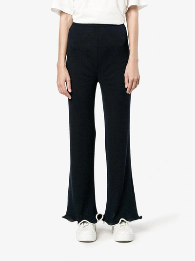 Shop Stella Mccartney Ribbed Frilled Kick Flare Trousers In Blue