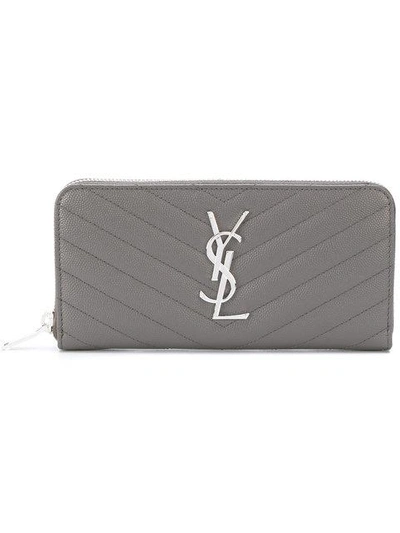 Shop Saint Laurent Monogram Zip Around Purse In Grey