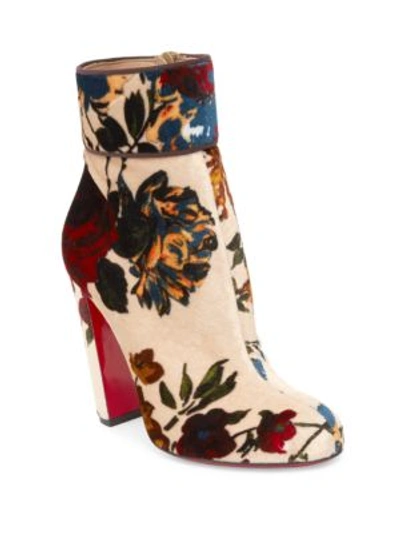 Shop Christian Louboutin Moulamax 85 Bouquet-print Velvet Block Heel Booties In Nude Multicolor