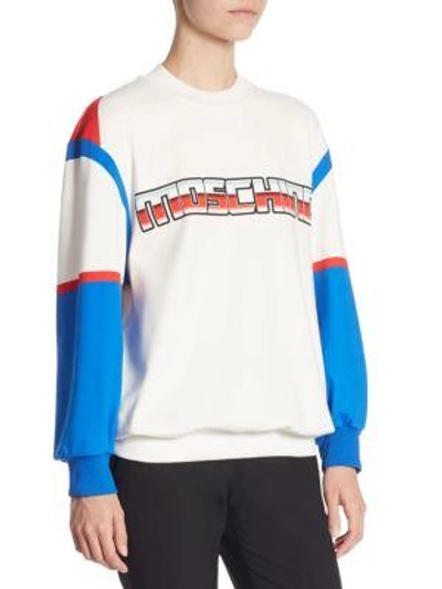 Shop Moschino Tri-tone Logo Cotton Sweatshirt In White Blue