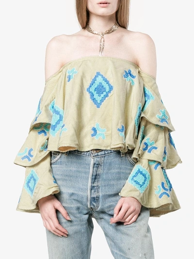 Shop Mochi All Things  Embroidered Off-shoulder Top In Beige