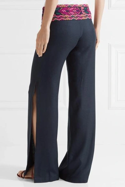 Shop Figue Chanda Embroidered Silk-blend Wide-leg Pants In Midnight Blue
