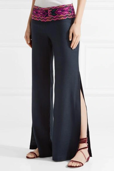 Shop Figue Chanda Embroidered Silk-blend Wide-leg Pants In Midnight Blue