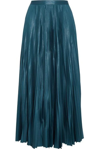 Shop Golden Goose Liza Striped Plissé Coated-jersey Maxi Skirt In Turquoise