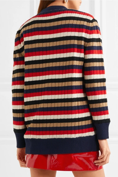 Shop Gucci Reversible Striped Wool And Printed Silk-satin Cardigan In Navy
