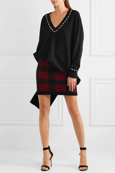 Shop Balmain Tartan Jacquard-knit Mini Skirt