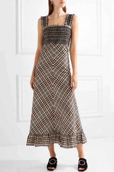 Shop Ganni Charron Checked Cotton-blend Seersucker Maxi Dress