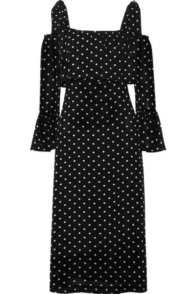 Shop Ganni Monette Cold-shoulder Polka-dot Georgette Dress In Black