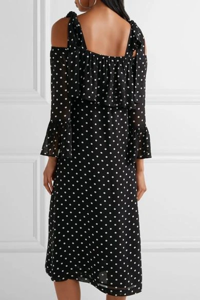 Shop Ganni Monette Cold-shoulder Polka-dot Georgette Dress In Black