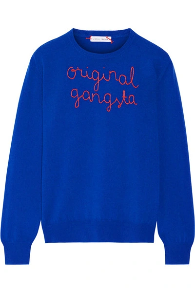 Shop Lingua Franca Original Gangsta Embroidered Cashmere Sweater In Cobalt Blue