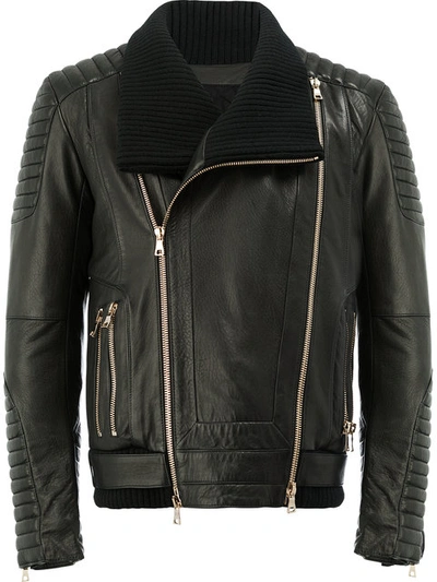 Balmain Ribbed-knit Collar Leather Jacket In Black