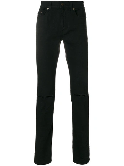 Saint Laurent Skinny-fit 15cm Hem Distressed Raw Stretch-denim Jeans In Black