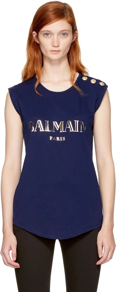 Shop Balmain Navy Sleeveless Logo T-shirt In C3303 Navy
