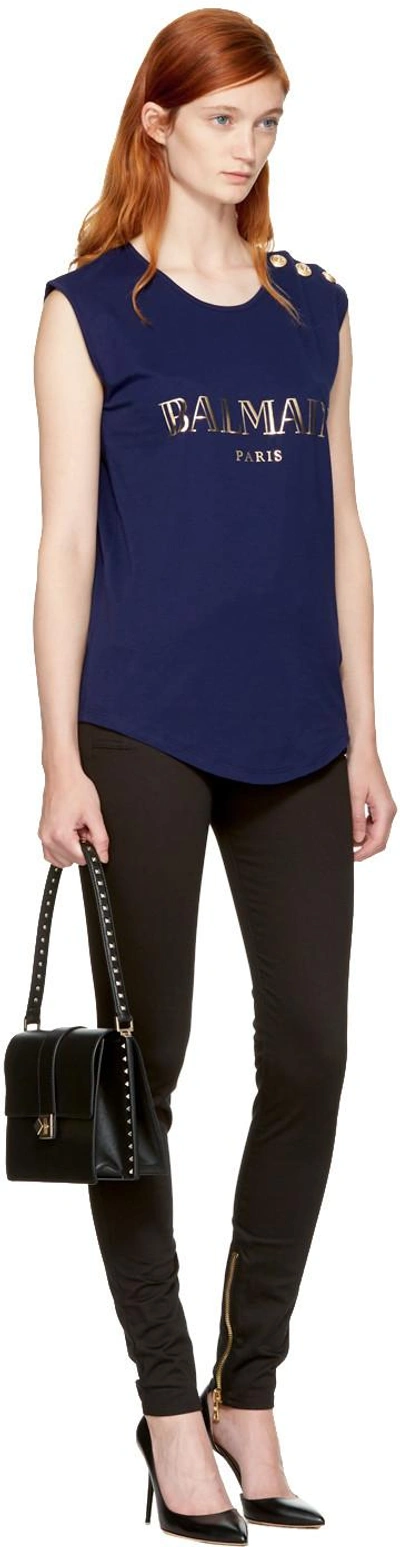 Shop Balmain Navy Sleeveless Logo T-shirt In C3303 Navy