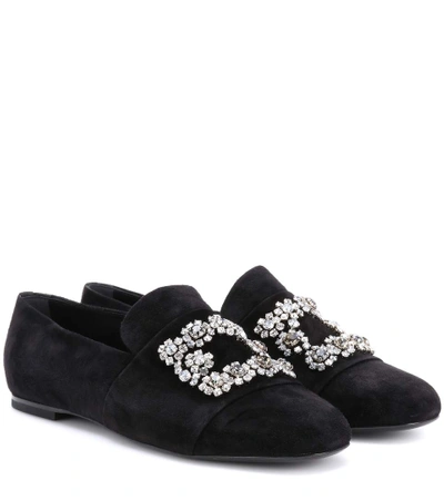 Roger Vivier Flower Strass Crystal-embellished Suede Loafers In Black