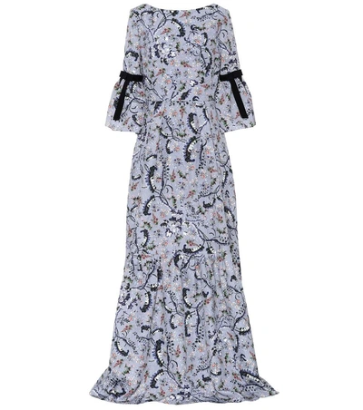 Erdem Ali Grosgrain-trimmed Floral-print Matelassé Gown In Llue