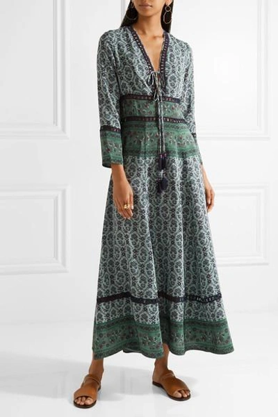 Shop Sea Crochet-trimmed Printed Silk Maxi Dress In Emerald