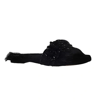 Shop Alberta Ferretti Crystal-embellished Shearling Slide Sandals In Black