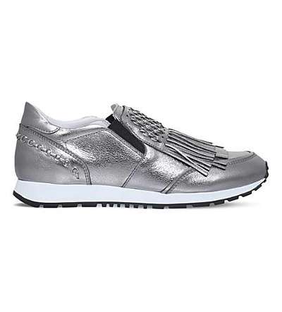 Shop Tod's Sportivo Fringe Leather Metallic Sneakers In Silver